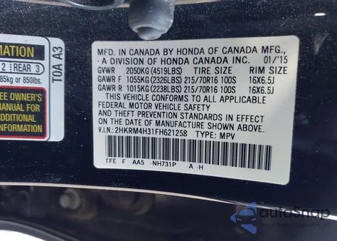 2015 Honda Cr-V Lx z USA, uszkodzony, nr VIN 2HKRM4H31FH621258